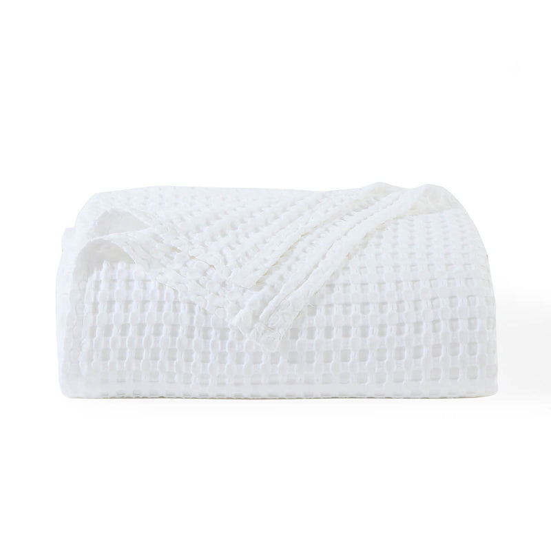 Cozy, Soft & Lightweight Bamboo Waffle Weave Blanket in minimal white color folded