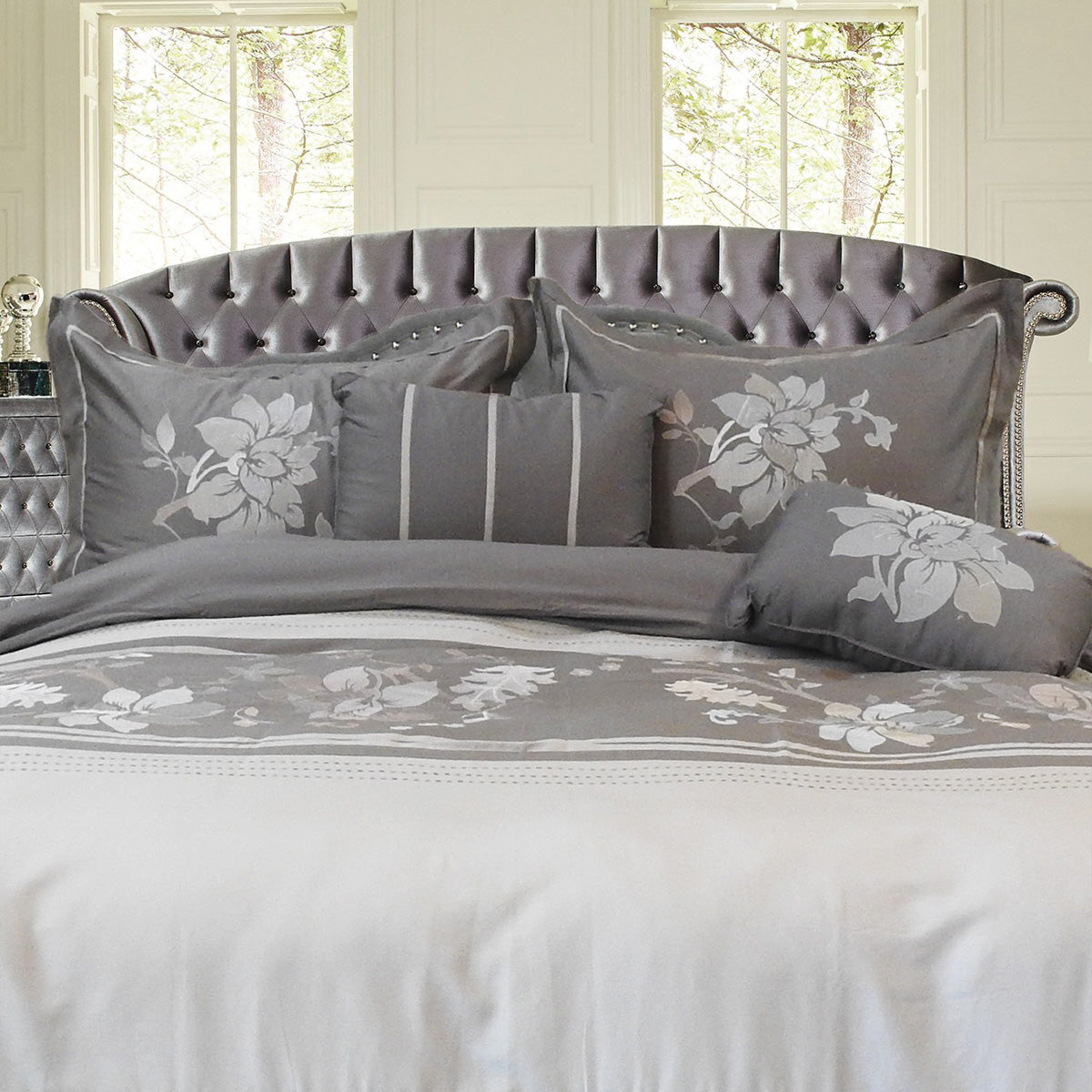 100% Cotton King/California King Duvet Cover Set - 3-Piece Embroidered Peacock Design, Silver Color - View #2