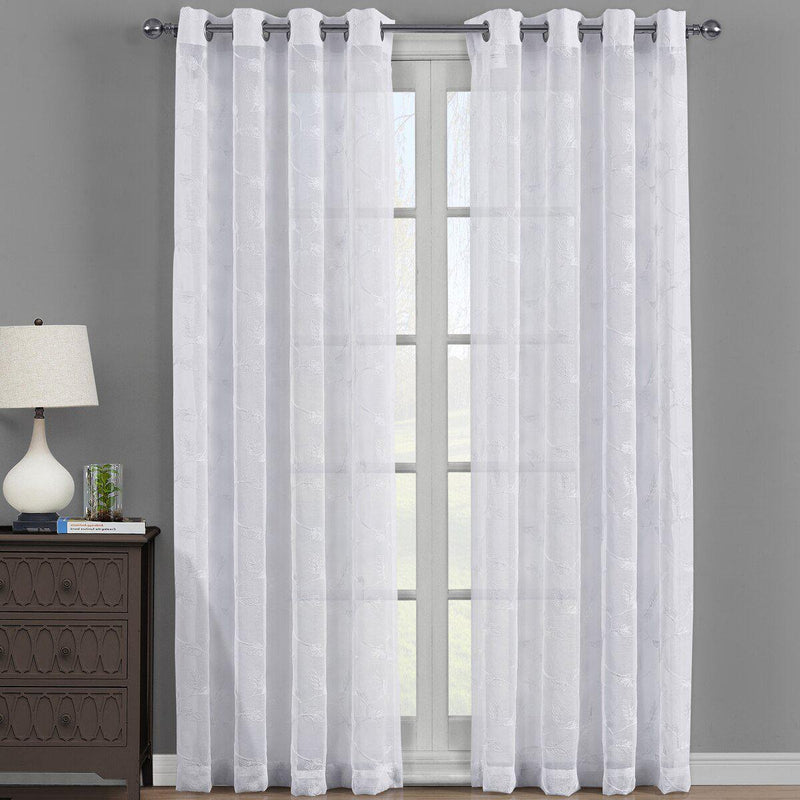 Embroidered Melanie Grommet Top Sheer Curtain Pair (Set of 2 )-Royal Tradition-54 x 63" Panel-White-Egyptian Linens