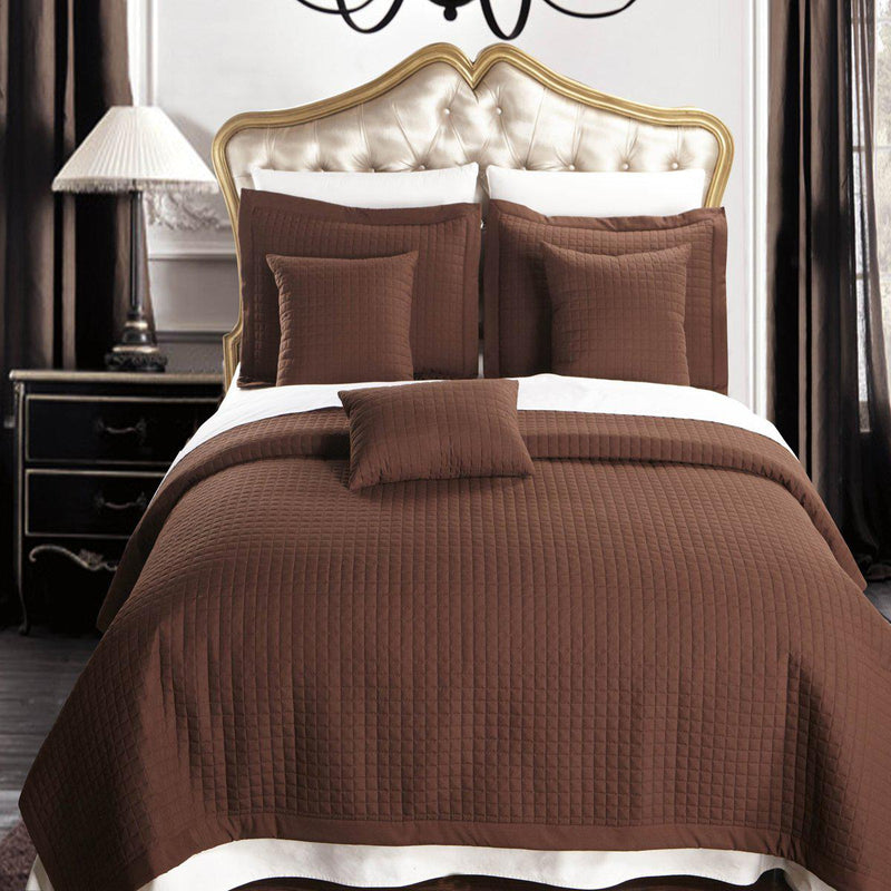 Luxury Checkered Quilted Wrinkle-Free 4-6 Piece Quilted Coverlet Sets-Royal Tradition-Twin/Twin XL-Chocolate-Egyptian Linens
