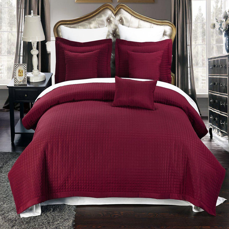 Luxury Checkered Quilted Wrinkle-Free 4-6 Piece Quilted Coverlet Sets-Royal Tradition-Twin/Twin XL-Burgundy-Egyptian Linens