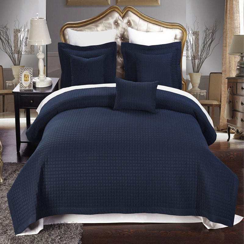 Luxury Checkered Quilted Wrinkle-Free 4-6 Piece Quilted Coverlet Sets-Royal Tradition-Twin/Twin XL-Navy-Egyptian Linens