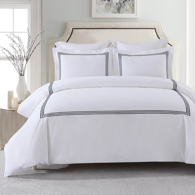Adeline 100% Cotton Duvet Cover Set (shams included) white with embroidered border detailing in black