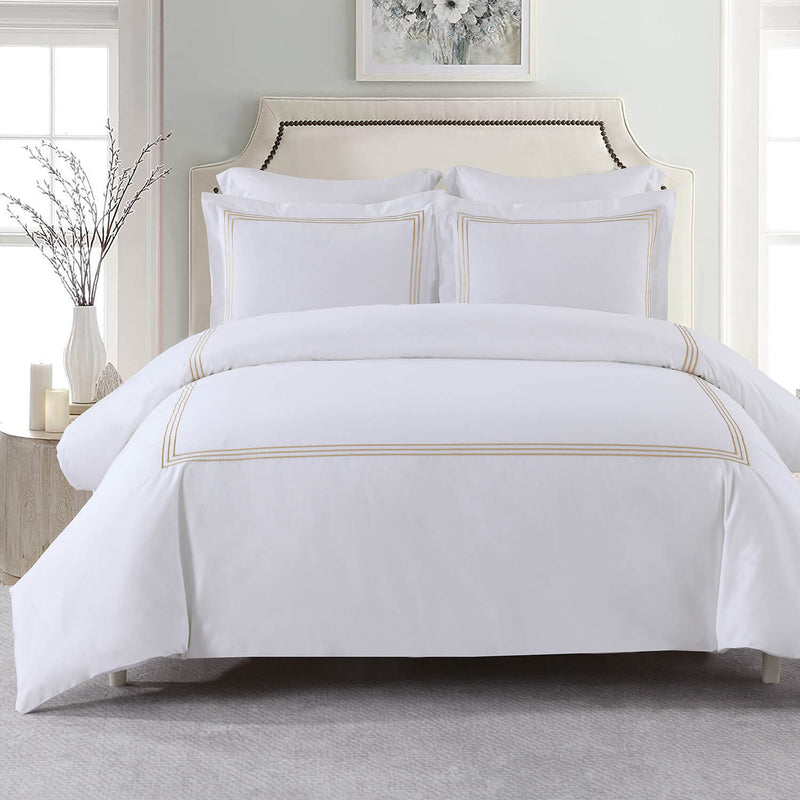 Adeline 100% Cotton Duvet Cover Set (shams included) white with embroidered border detailing in gold