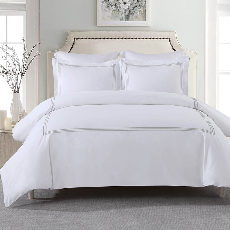 Adeline 100% Cotton Duvet Cover Set (shams included) white with embroidered border detailing in gray