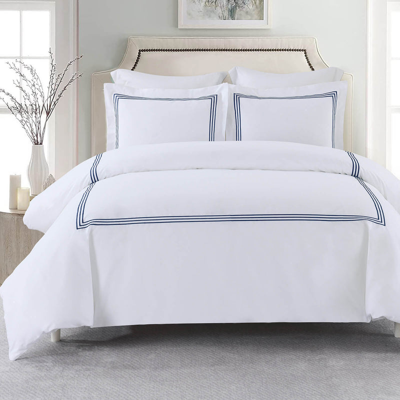Adeline 100% Cotton Duvet Cover Set (shams included) white with embroidered border detailing in navy