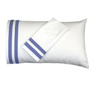 White pillowcase with periwinkle stripes on a white background