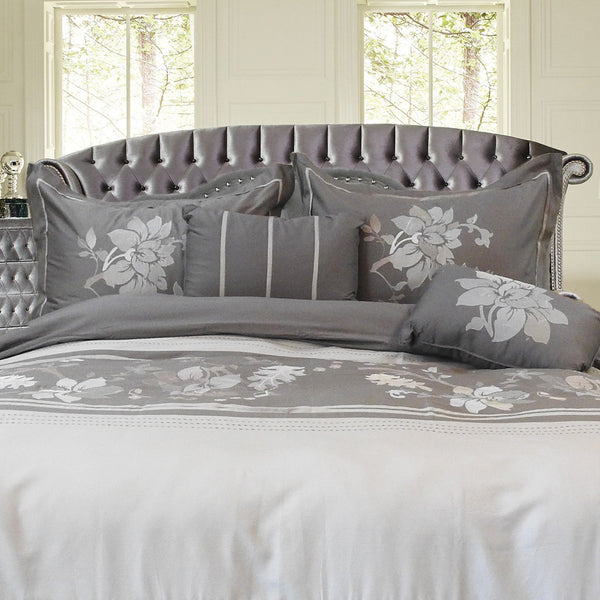 Embroidered Floral 100% Cotton Duvet Cover Set (5 Piece) Myra - Gray