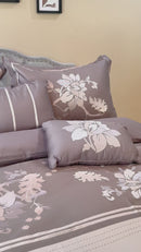 Embroidered Floral 100% Cotton Duvet Cover Set (5 Piece) Myra - Gray