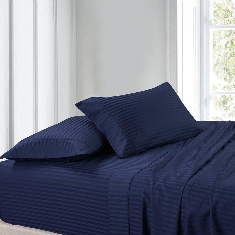 Attached Waterbed Sheet Set Stripe 300 Thread Count-Royal Tradition-Super Single Waterbed-Navy-Egyptian Linens