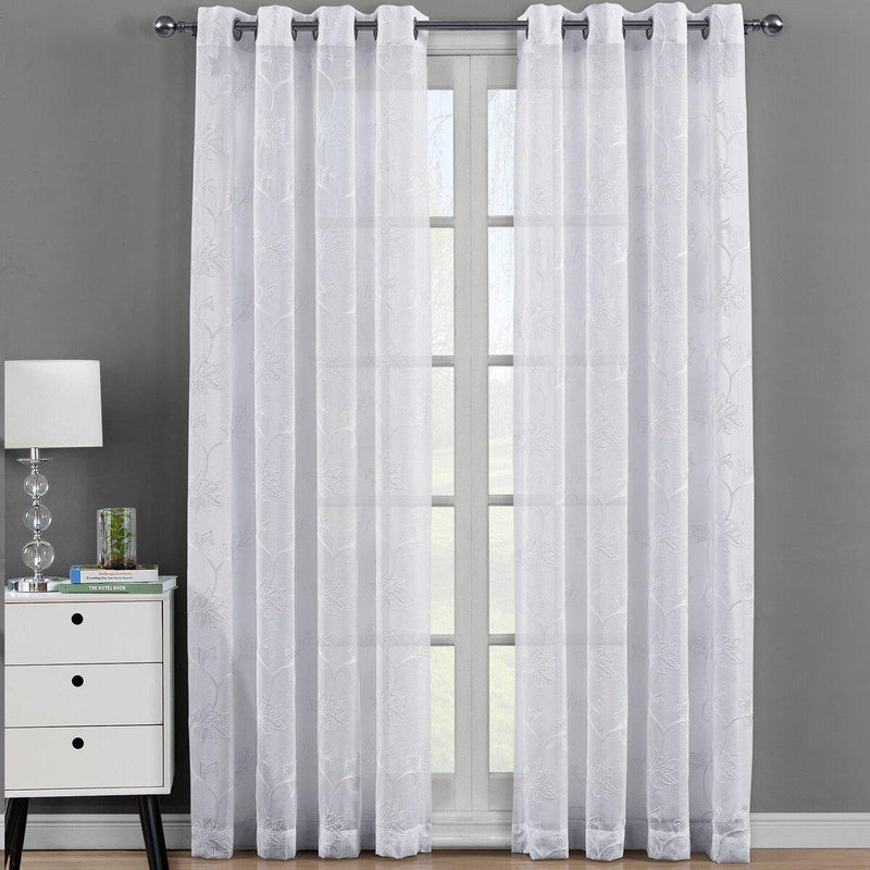 Andora Embroidered Grommet Top Sheer Panel Curtain Pair (Set of 2 )-Royal Tradition-54 x 63" Panel-White-Egyptian Linens