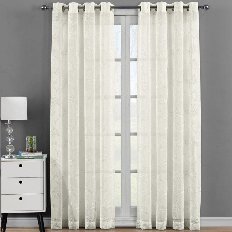 Andora Embroidered Grommet Top Sheer Panel Curtain Pair (Set of 2 )-Royal Tradition-54 x 108" Panel-Beige-Egyptian Linens