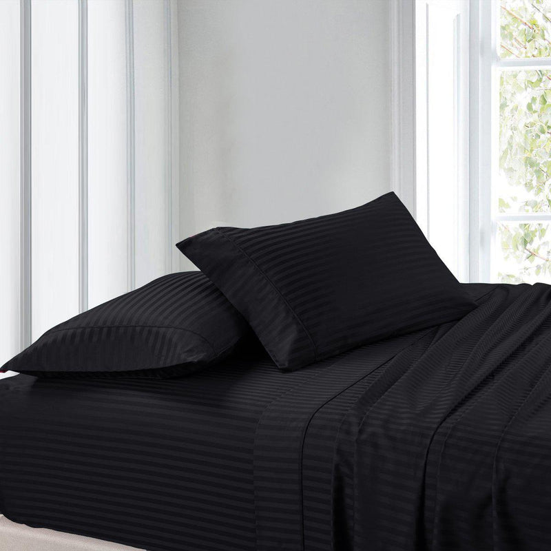 Attached Waterbed Sheet Set Stripe 300 Thread Count-Royal Tradition-Super Single Waterbed-Black-Egyptian Linens