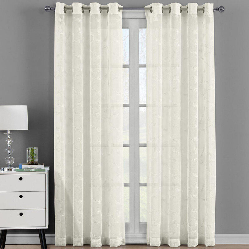 Brook Embroidered Grommet Top Sheer Window Curtain Pair (Set of 2 )-Royal Tradition-54 x 63" Panel-Beige-Egyptian Linens