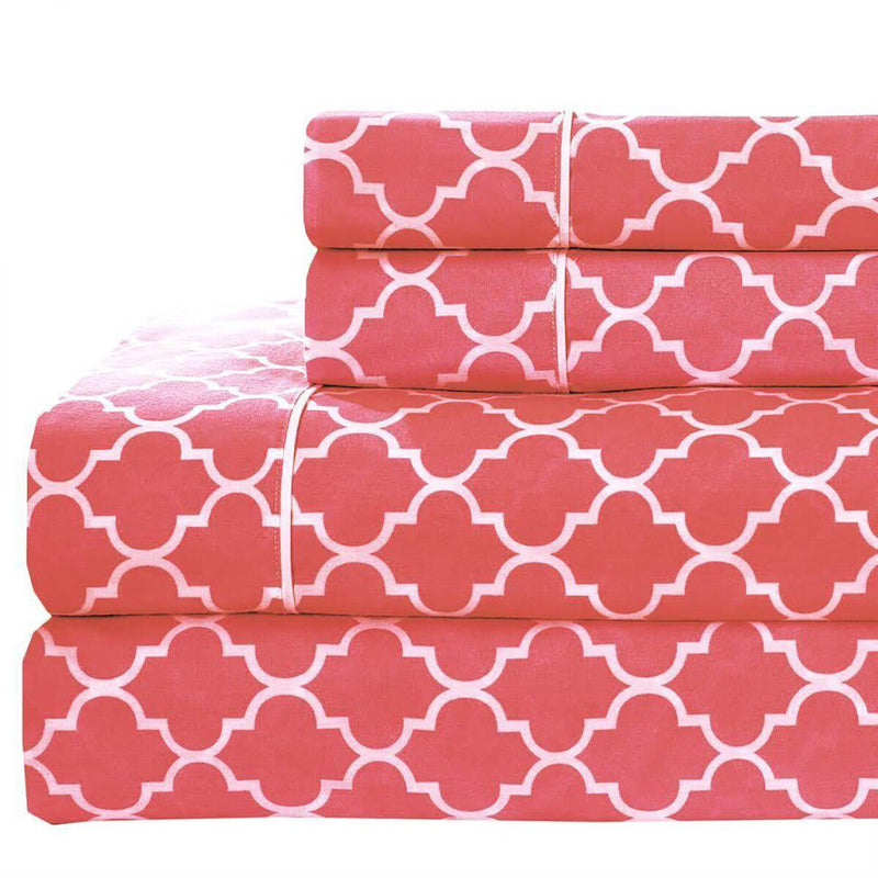 Split Queen Bed Sheet Set - Meridian 5-Piece Sheet Set-Royal Tradition-Coral & White-Egyptian Linens