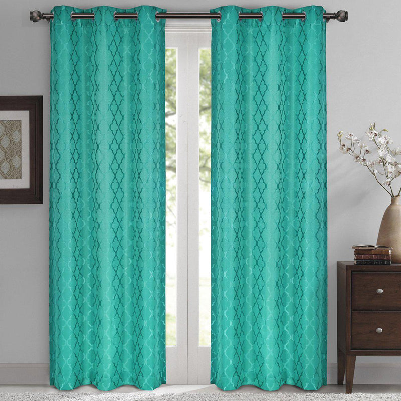 Willow Geometric Jacquard Thermal-Insulated Blackout Curtain Panels (Set of 2)-Royal Tradition-84 x 84" Pair-Turquoise-Egyptian Linens
