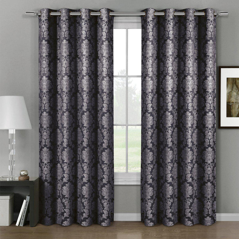 Aryanna Classic Damask Floral Curtains Jacquard Grommet Panels (Set of 2)-Royal Tradition-54 x 63" Pair-Charcoal-Egyptian Linens