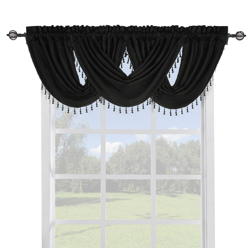 Soho Faux Silk Curtain Panels or Waterfall Valance (Single)-Royal Tradition-57 x 37" Waterfall Valance-Black-Egyptian Linens