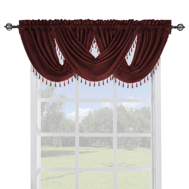 Soho Faux Silk Curtain Panels or Waterfall Valance (Single)-Royal Tradition-57 x 37" Waterfall Valance-Burgundy-Egyptian Linens