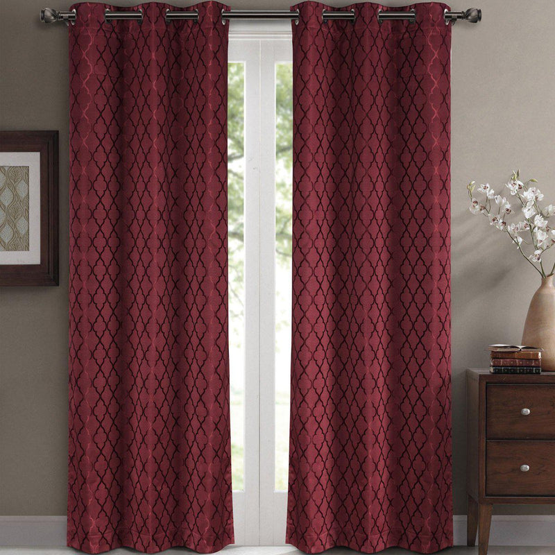 Willow Geometric Jacquard Thermal-Insulated Blackout Curtain Panels (Set of 2)-Royal Tradition-84 x 63" Pair-Burgundy-Egyptian Linens