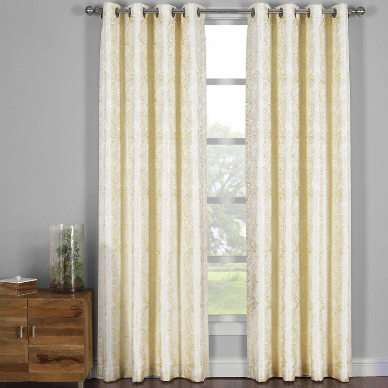 Catalina Leaf Swirl Jacquard Curtain Panels Grommet Top (Set of 2)-Royal Tradition-108 x 63" Pair-Light Yellow-Egyptian Linens