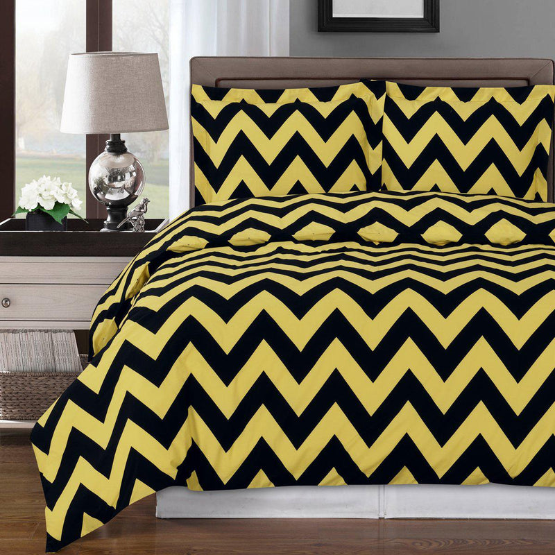 Chevron Combed Cotton Duvet Cover Set-Royal Tradition-Full/Queen-Gold/Black-Egyptian Linens
