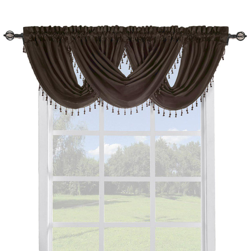 Soho Faux Silk Curtain Panels or Waterfall Valance (Single)-Royal Tradition-57 x 37" Waterfall Valance-Chocolate-Egyptian Linens