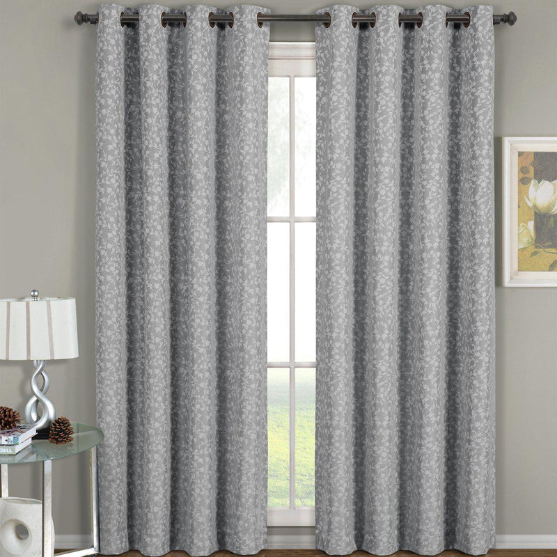 Fiorela Jacquard Drapes Floral Curtains Grommet Top Panel (Single)-Royal Tradition-54 x 63" Panel-Gray-Egyptian Linens
