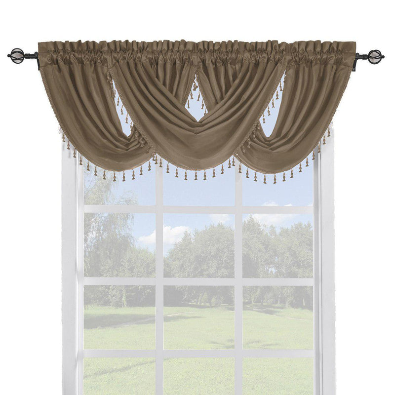 Soho Faux Silk Curtain Panels or Waterfall Valance (Single)-Royal Tradition-57 x 37" Waterfall Valance-Mushroom-Egyptian Linens