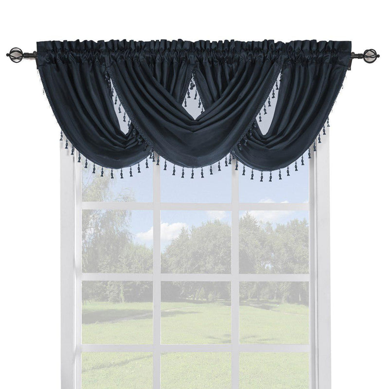 Soho Faux Silk Curtain Panels or Waterfall Valance (Single)-Royal Tradition-57 x 37" Waterfall Valance-Navy-Egyptian Linens