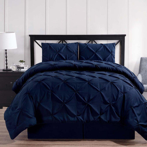 Navy Oxford Double Needle Luxury Soft Pinch Pleated Comforter Set-Royal Tradition-Twin XL-Egyptian Linens