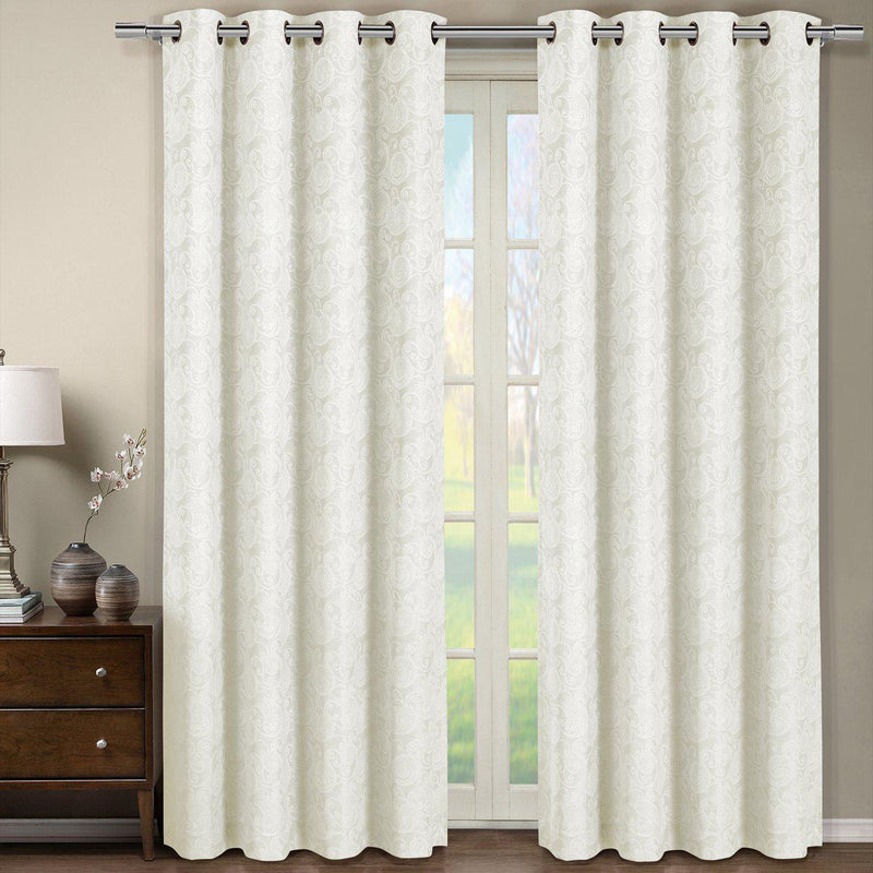 Tabitha Flower Curtains Jacquard Grommet Top Panels (Single)-Royal Tradition-54 x 63" Panel-Off-White-Egyptian Linens