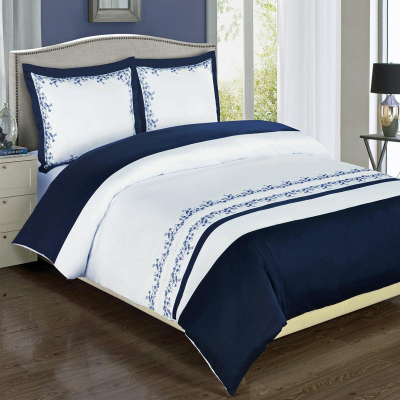 Embroidered Duvet Cover Set - Amalia-Royal Tradition-Full/Queen-Navy/White-Egyptian Linens