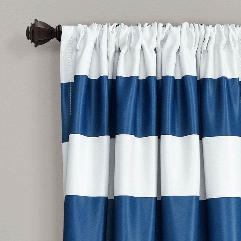 Navy Stripe Room Darkening 84-Inch Rod Pocket Window Curtain Panel Pair-Royal Tradition-Egyptian Linens
