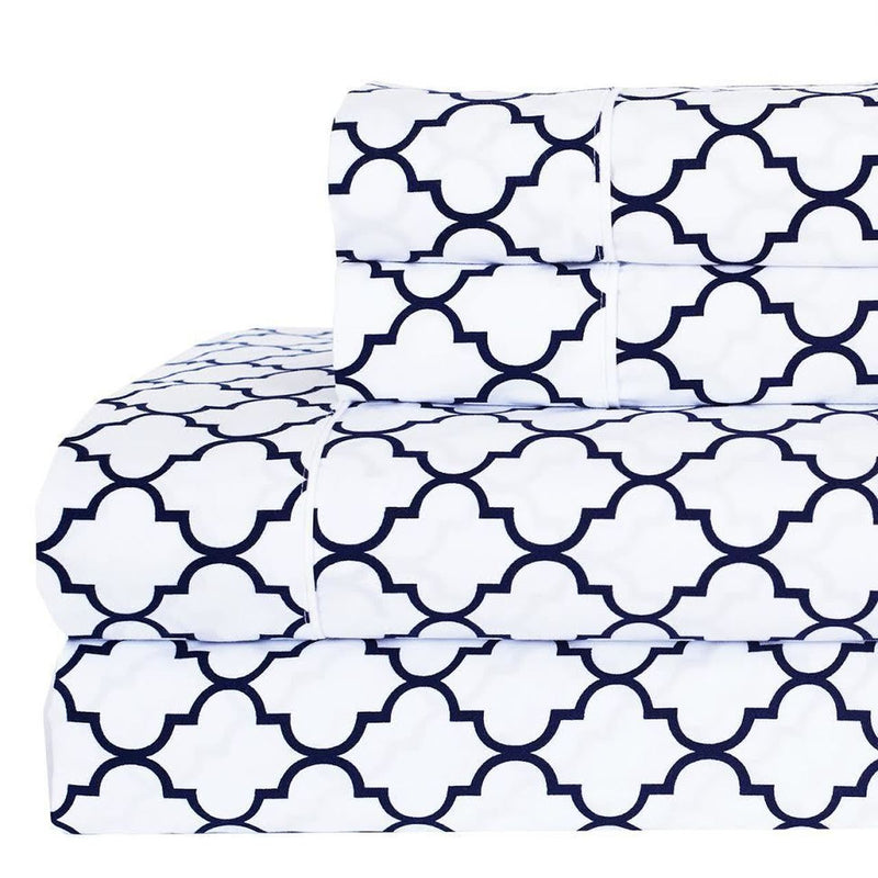 Split Queen Bed Sheet Set - Meridian 5-Piece Sheet Set-Royal Tradition-White & Navy-Egyptian Linens