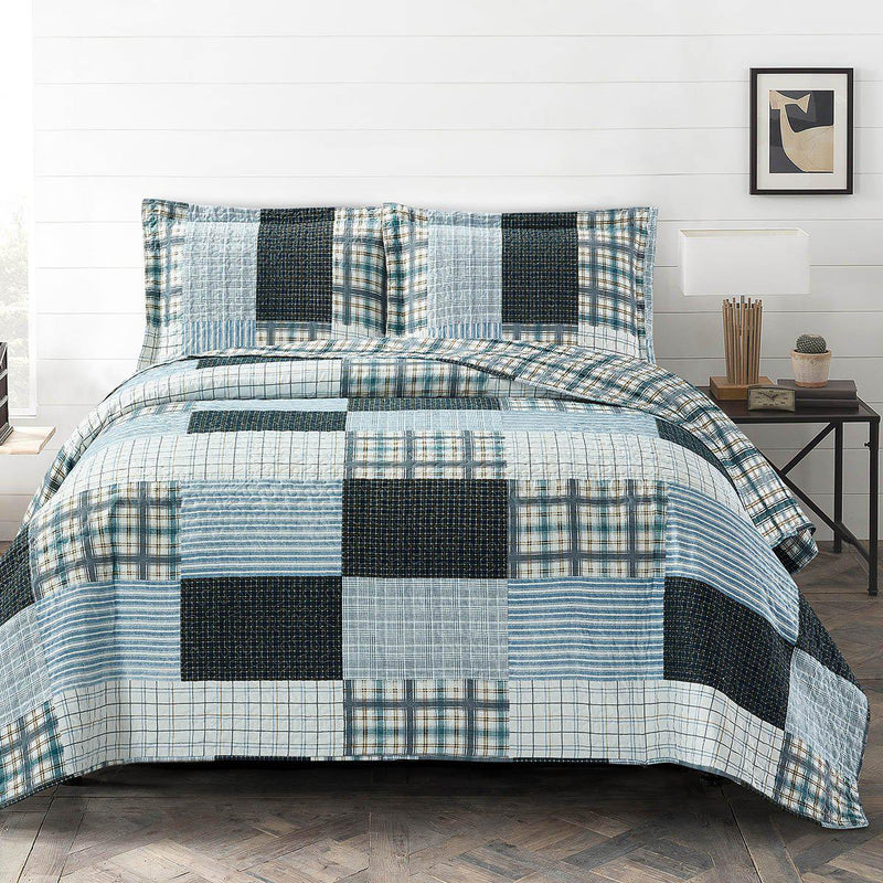 Zoe Reversible Blue Printed Patchwork Bed Quilt Set